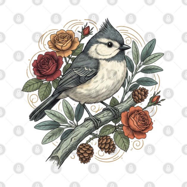 Tufted Titmouse Bird Resting Among Vibrant Roses by BirdsnStuff