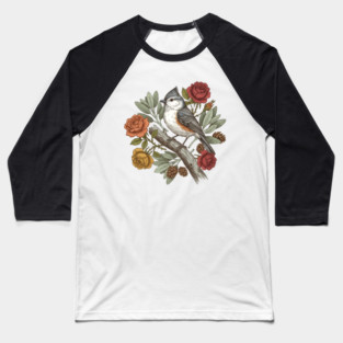 Elegant Tufted Titmouse With Roses Art Baseball T-Shirt