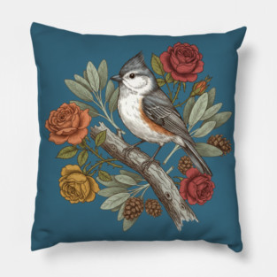 Elegant Tufted Titmouse With Roses Art Pillow