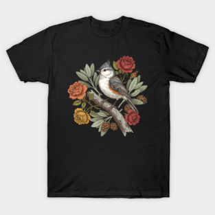 Elegant Tufted Titmouse With Roses Art T-Shirt