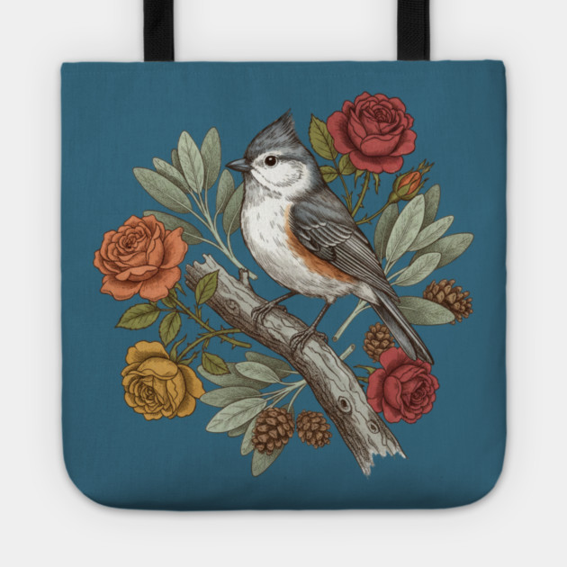 Elegant Tufted Titmouse With Roses Art Tote by BirdsnStuff