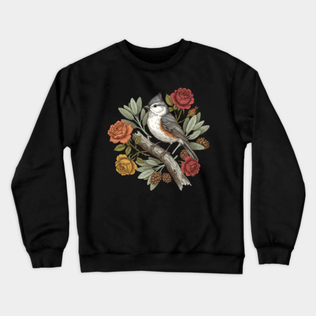 Elegant Tufted Titmouse With Roses Art Crewneck Sweatshirt by BirdsnStuff