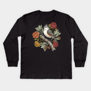 Elegant Tufted Titmouse With Roses Art Kids Long Sleeve T-Shirt