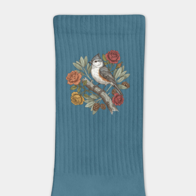 Elegant Tufted Titmouse With Roses Art by BirdsnStuff
