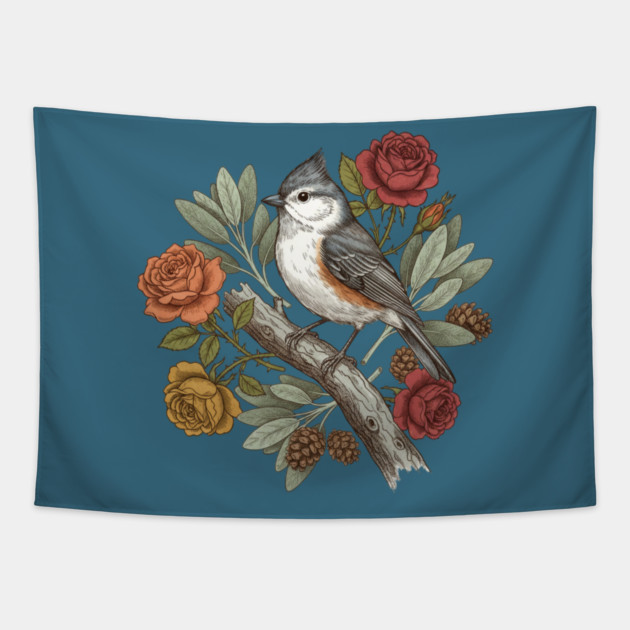 Elegant Tufted Titmouse With Roses Art Tapestry by BirdsnStuff