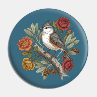 Elegant Tufted Titmouse With Roses Art Pin