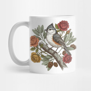 Elegant Tufted Titmouse With Roses Art Mug