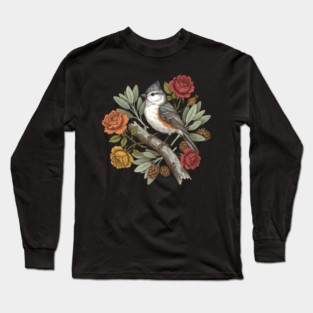 Elegant Tufted Titmouse With Roses Art Long Sleeve T-Shirt
