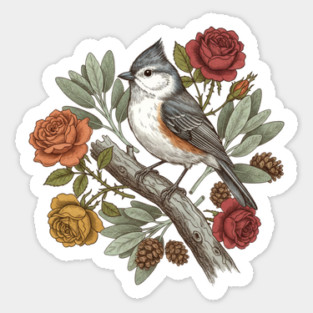 Elegant Tufted Titmouse With Roses Art Sticker