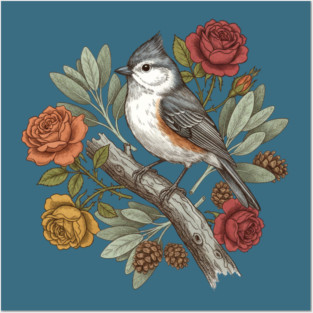 Elegant Tufted Titmouse With Roses Art Posters and Art
