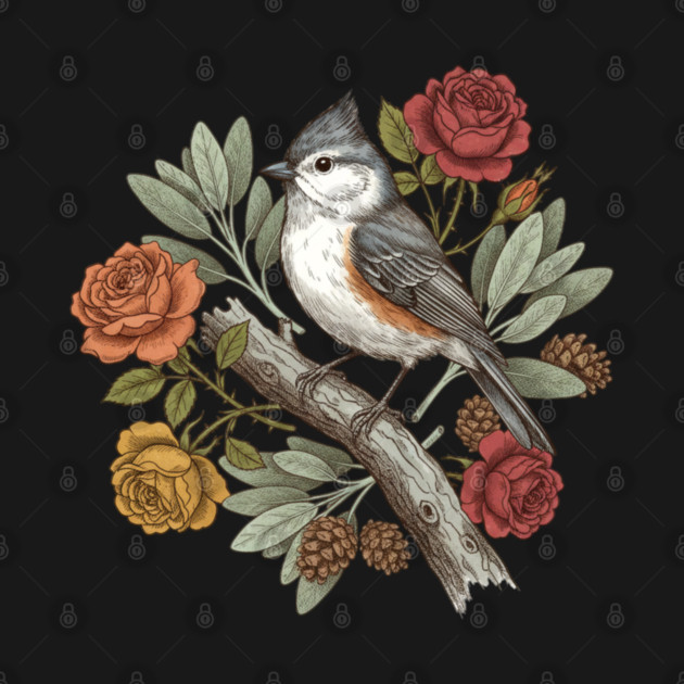 Elegant Tufted Titmouse With Roses Art by BirdsnStuff