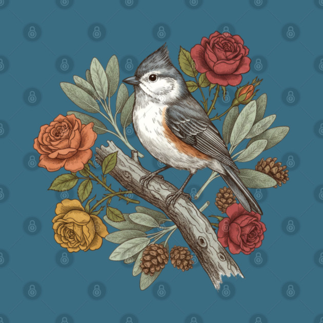 Elegant Tufted Titmouse With Roses Art by BirdsnStuff