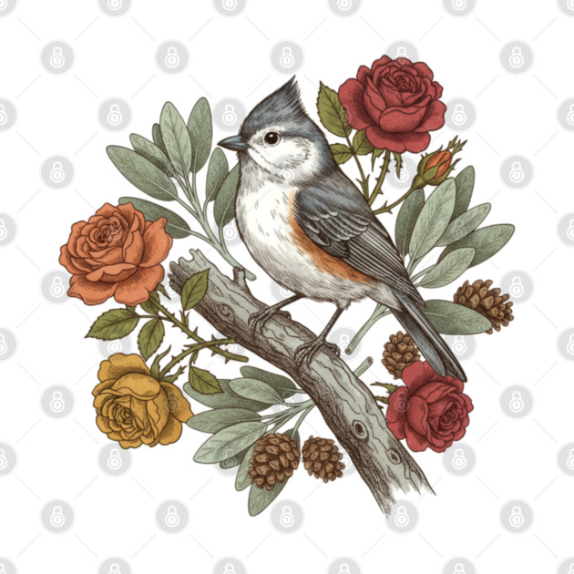 Elegant Tufted Titmouse With Roses Art by BirdsnStuff