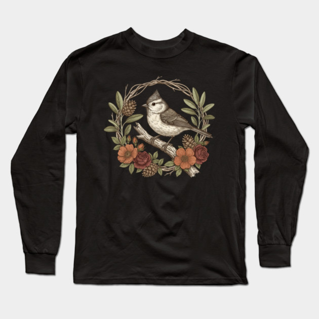 Tufted Titmouse Nature Inspired Wildlife Art Long Sleeve T-Shirt by BirdsnStuff