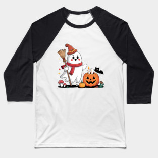 Cute Ghost Witch – Spooky Halloween Pumpkin Magic Baseball T-Shirt