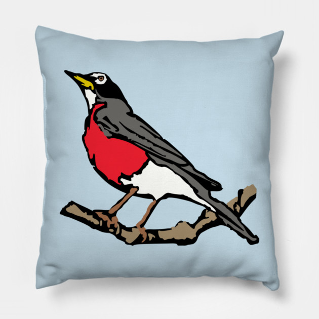 American Robin on Branch – Aqua Minimal Bird Art Pillow by DonWillisJrArt