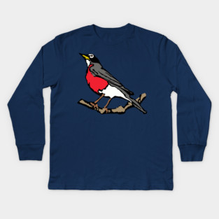 American Robin on Branch – Aqua Minimal Bird Art Kids Long Sleeve T-Shirt