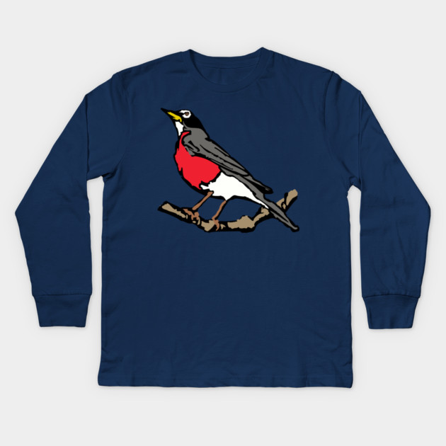 American Robin on Branch – Aqua Minimal Bird Art Kids Long Sleeve T-Shirt by DonWillisJrArt