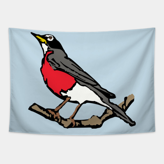 American Robin on Branch – Aqua Minimal Bird Art Tapestry by DonWillisJrArt