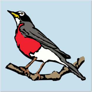 American Robin on Branch – Aqua Minimal Bird Art Posters and Art