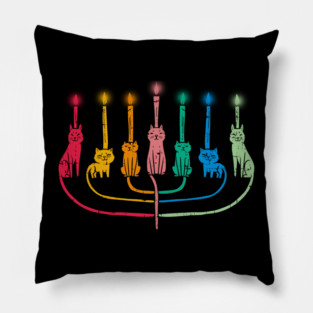 Colorful Hanukkah Cat Menorah Illustration with Rainbow Candle Artwork Pillow
