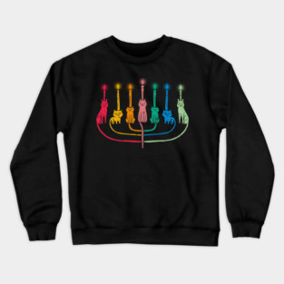 Colorful Hanukkah Cat Menorah Illustration with Rainbow Candle Artwork Crewneck Sweatshirt
