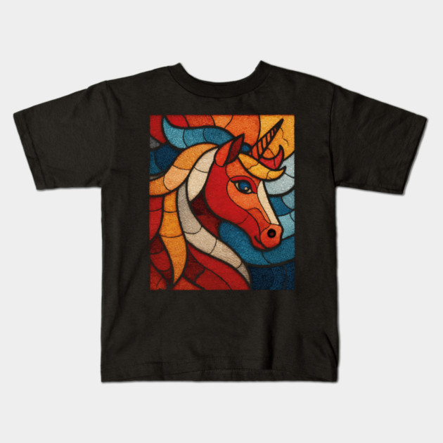 The Mythic Steed | A Stained Glass Unicorn Kids T-Shirt by TuncGK