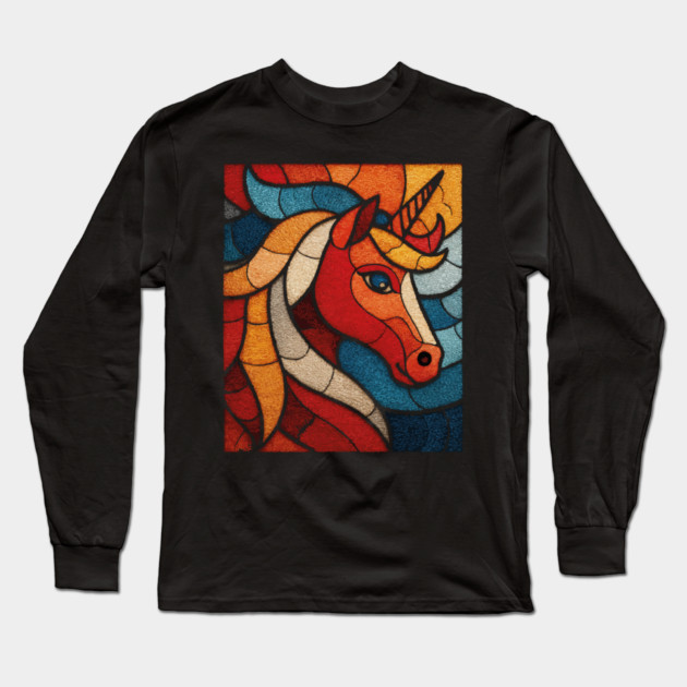 The Mythic Steed | A Stained Glass Unicorn Long Sleeve T-Shirt by TuncGK