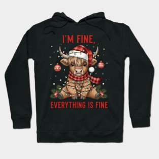Im Fine Everything Is Fine Christmas Cow With Santa Hat Lights Funny Holiday Mood Hoodie