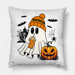 Halloween Ghost Pumpkin With Iced Coffee Haunted House Bats Spider Spooky Pillow