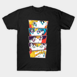 Sailor Moon and Scouts Close-Up Eyes in Vibrant Red Background T-Shirt