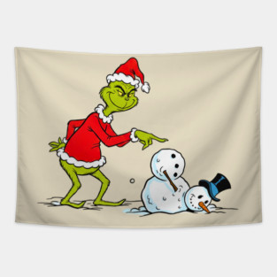 The Grinch Knocking Down Snowman Funny Christmas Holiday Tapestry