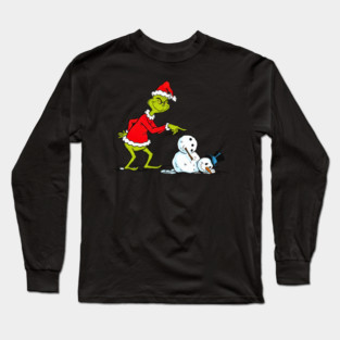 The Grinch Knocking Down Snowman Funny Christmas Holiday Long Sleeve T-Shirt