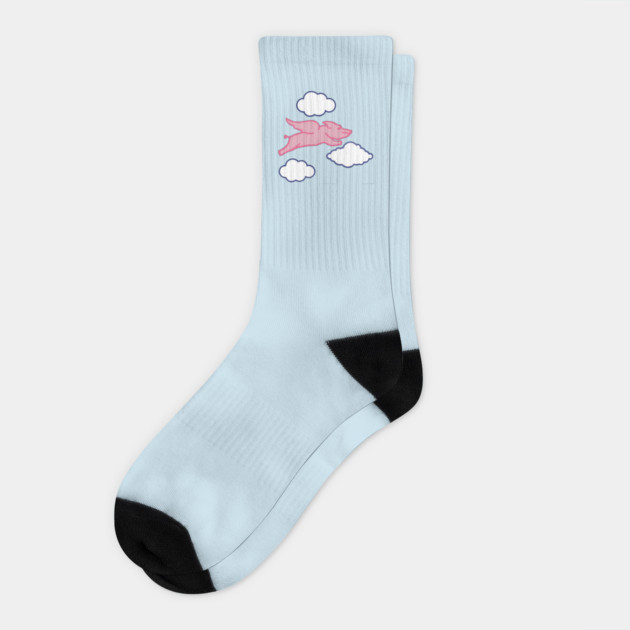 When Pigs Fly – Whimsical Pink Winged Pig with Clouds Socks by DonWillisJrArt