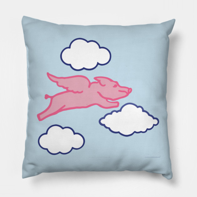 When Pigs Fly – Whimsical Pink Winged Pig with Clouds Pillow by DonWillisJrArt