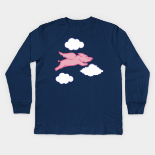 When Pigs Fly – Whimsical Pink Winged Pig with Clouds Kids Long Sleeve T-Shirt