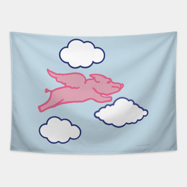 When Pigs Fly – Whimsical Pink Winged Pig with Clouds Tapestry by DonWillisJrArt