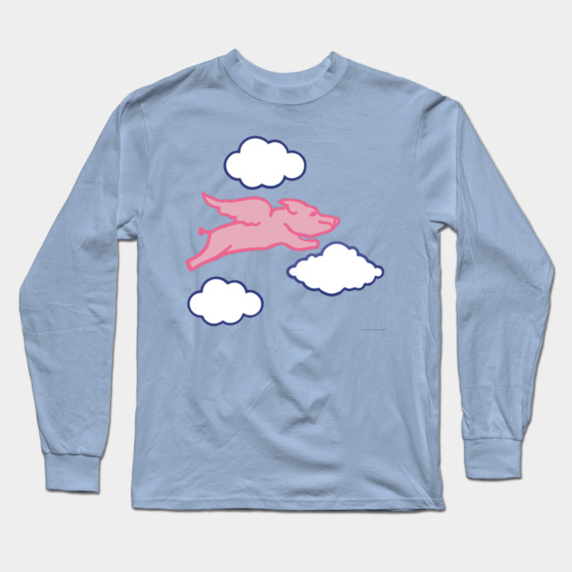 When Pigs Fly – Whimsical Pink Winged Pig with Clouds Long Sleeve T-Shirt by DonWillisJrArt