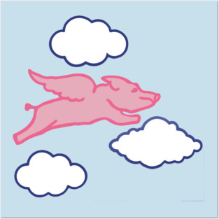 When Pigs Fly – Whimsical Pink Winged Pig with Clouds Posters and Art