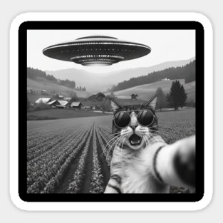 Cat Alien UFO Selfie - Funny Retro Pet Meme Novelty Sticker