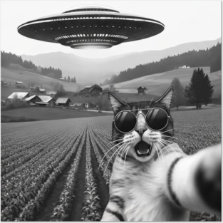 Cat Alien UFO Selfie - Funny Retro Pet Meme Novelty Posters and Art