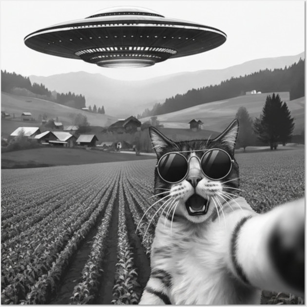 Cat Alien UFO Selfie - Funny Retro Pet Meme Novelty Wall Art by OUTFITPAW