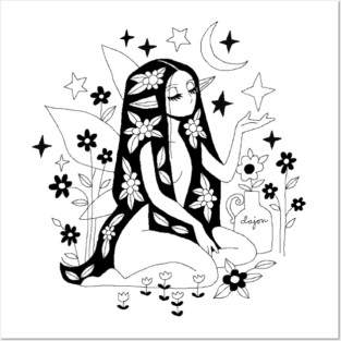 Moonlight Garden Floral Elf Anime Celestial Fairy Girl pixel ms paint '98 Posters and Art