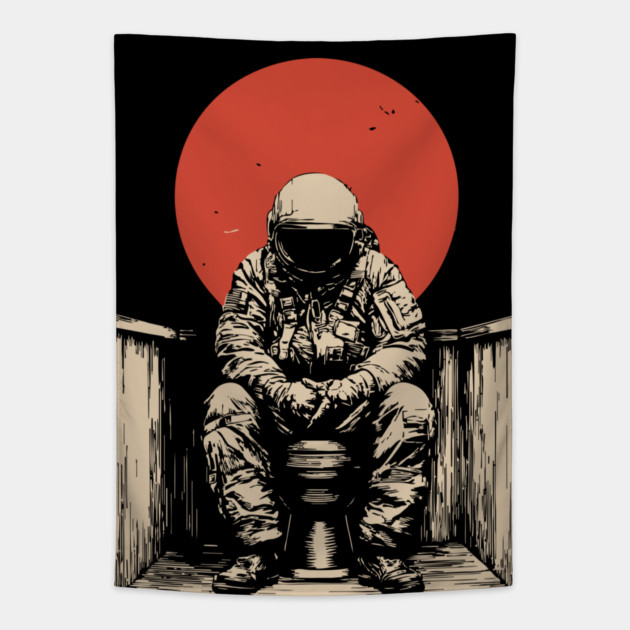 Cosmic Contemplation Astronaut on Toilet Tapestry by TuncGK