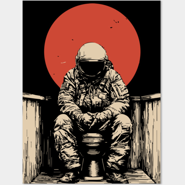 Cosmic Contemplation Astronaut on Toilet Wall Art by TuncGK