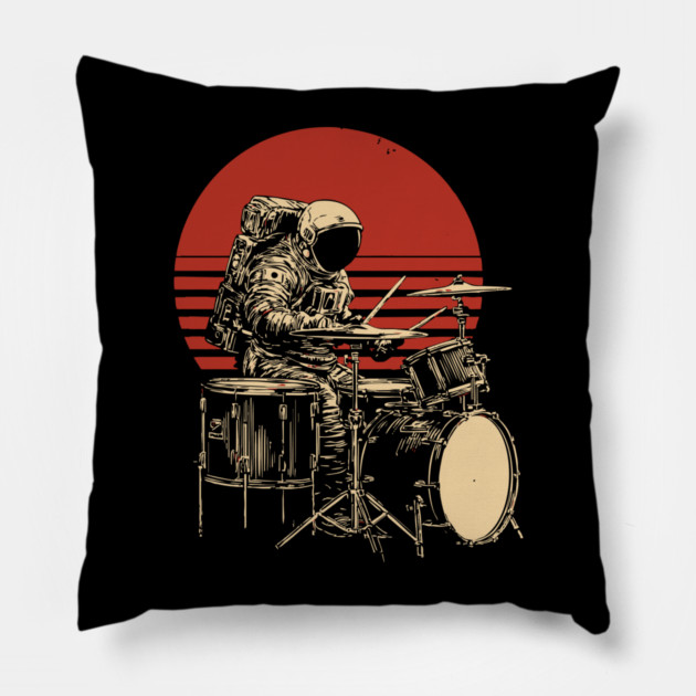 Retro Space Rock Astronaut Drummer Pillow by TuncGK