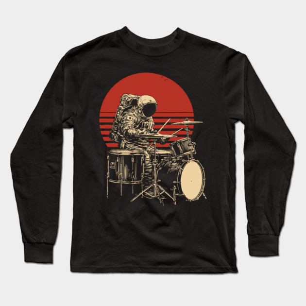 Retro Space Rock Astronaut Drummer Long Sleeve T-Shirt by TuncGK