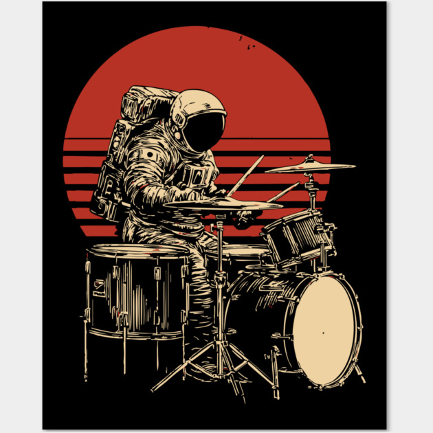 Retro Space Rock Astronaut Drummer Wall Art by TuncGK