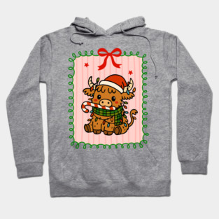 Christmas Highland Cow With Santa Hat And Lights Hoodie
