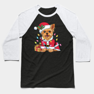 Family Xmas Lighting Santa Yorkie Dog Christmas Baseball T-Shirt